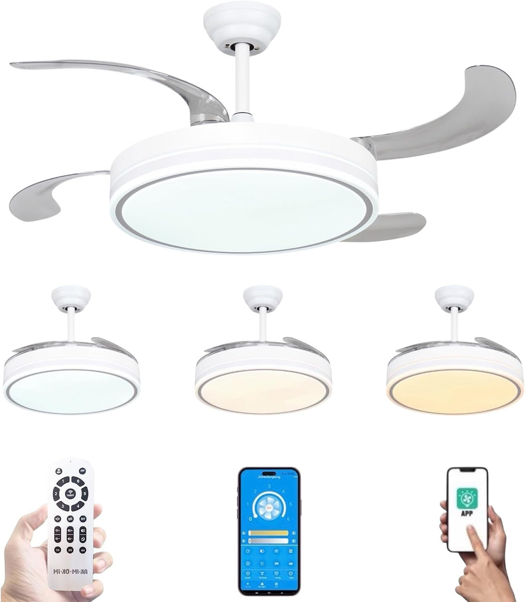 MiKoMiKa Ventilador de techo 96W con luz LED 60W+DC 36W en 3 Temperatura con Mando a Distancia -Motor DC Eficiente y Silencioso,aspas desplegables, 6 velocidades, control remoto, temporizador (F8808)