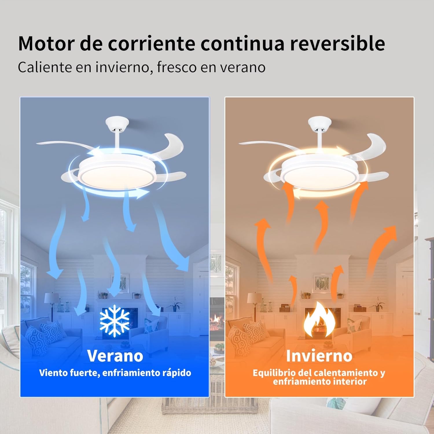MiKoMiKa Ventilador de techo 96W con luz LED 60W+DC 36W en 3 Temperatura con Mando a Distancia -Motor DC Eficiente y Silencioso,aspas desplegables, 6 velocidades, control remoto, temporizador (F8808)