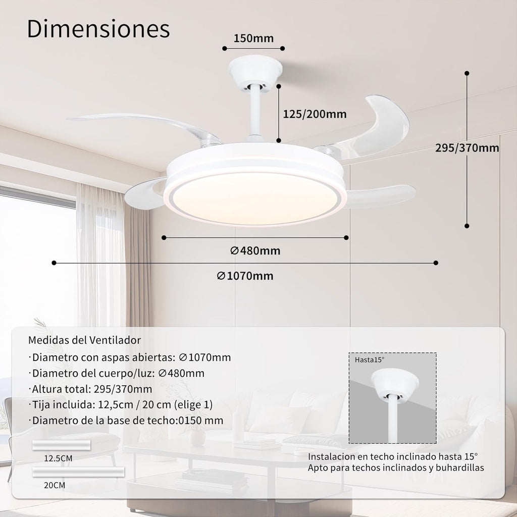 MiKoMiKa Ventilador de techo 96W con luz LED 60W+DC 36W en 3 Temperatura con Mando a Distancia -Motor DC Eficiente y Silencioso,aspas desplegables, 6 velocidades, control remoto, temporizador (F8808)