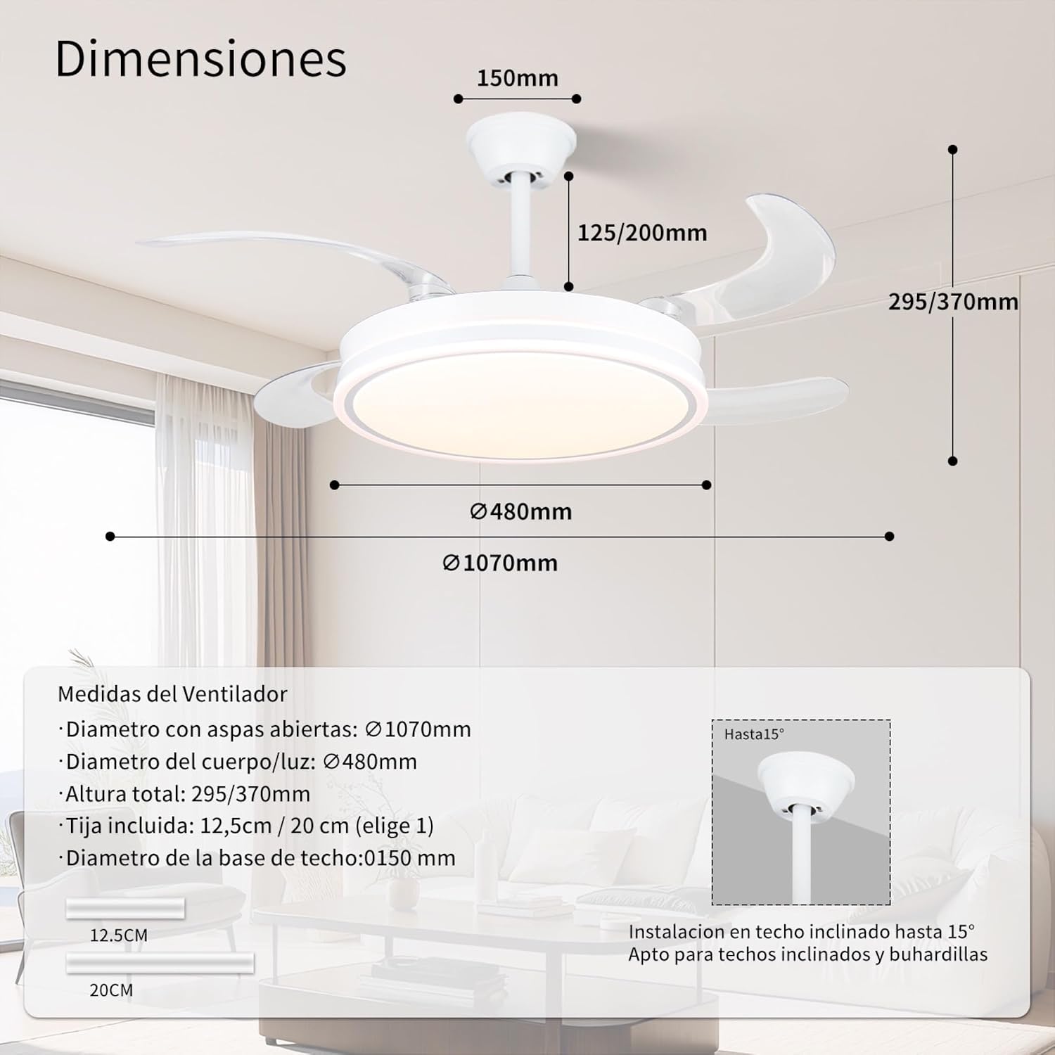 MiKoMiKa Ventilador de techo 96W con luz LED 60W+DC 36W en 3 Temperatura con Mando a Distancia -Motor DC Eficiente y Silencioso,aspas desplegables, 6 velocidades, control remoto, temporizador (F8808)